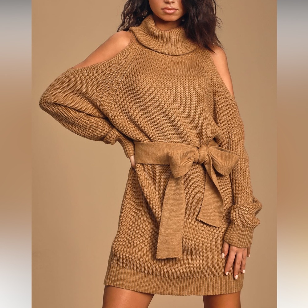 Lulu’s Sweet Demeanor Turtleneck Cold-Shoulder Camel Sweater Dress XL New NWOT